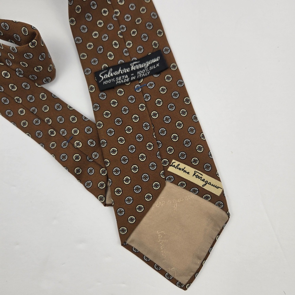 Salvatore Ferragamo Mens Silk Tie Brown Geometric Medallion Italy Classic